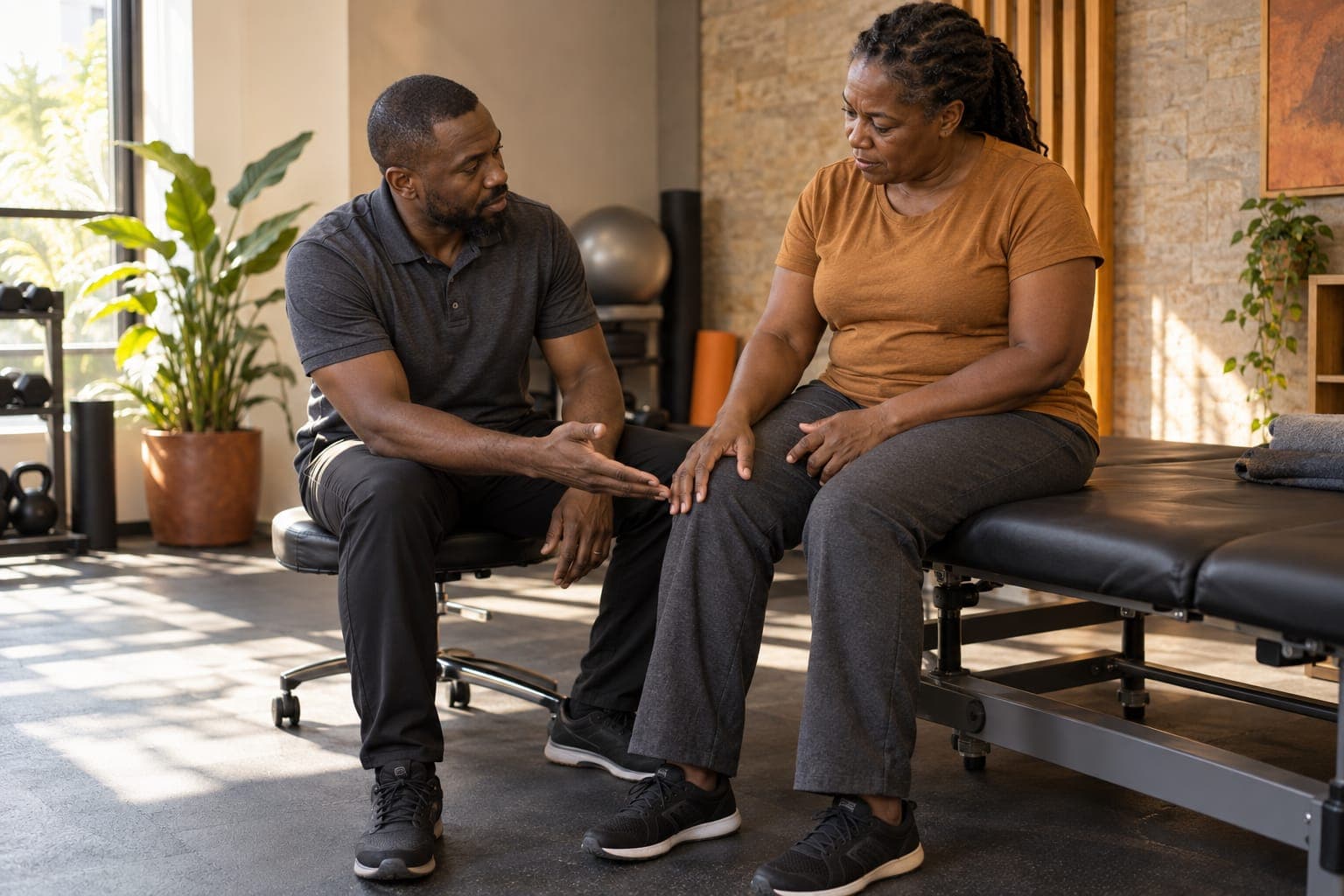 A physiotherapist discusses knee movement with a seated woman.