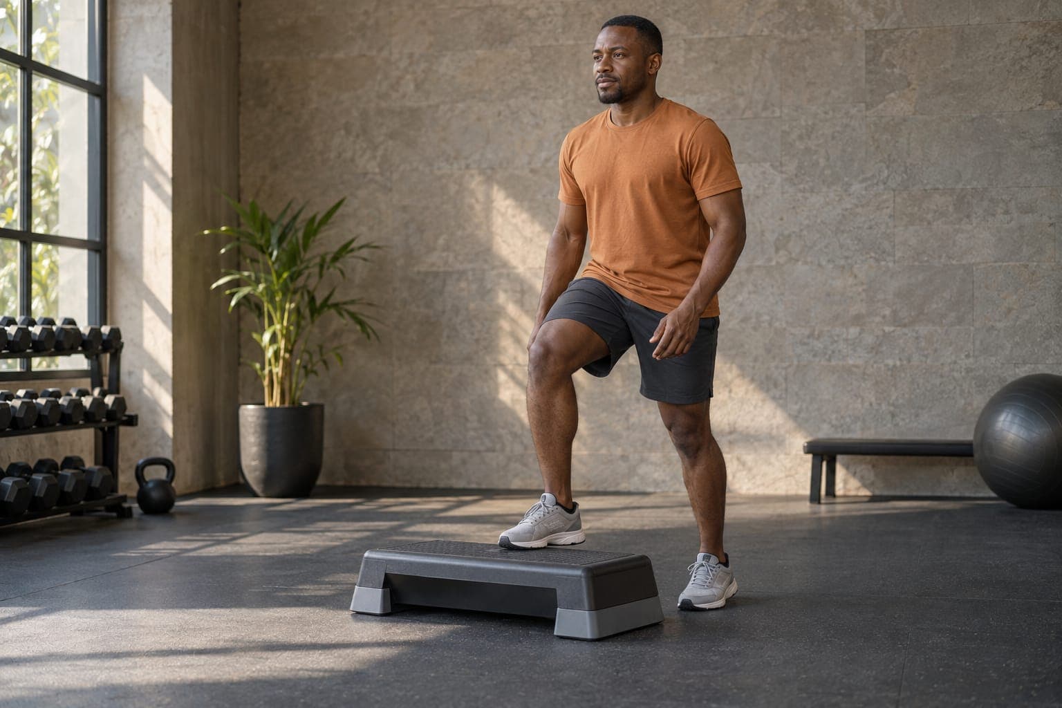 A man practises a controlled step-up in a sunlit movement studio.