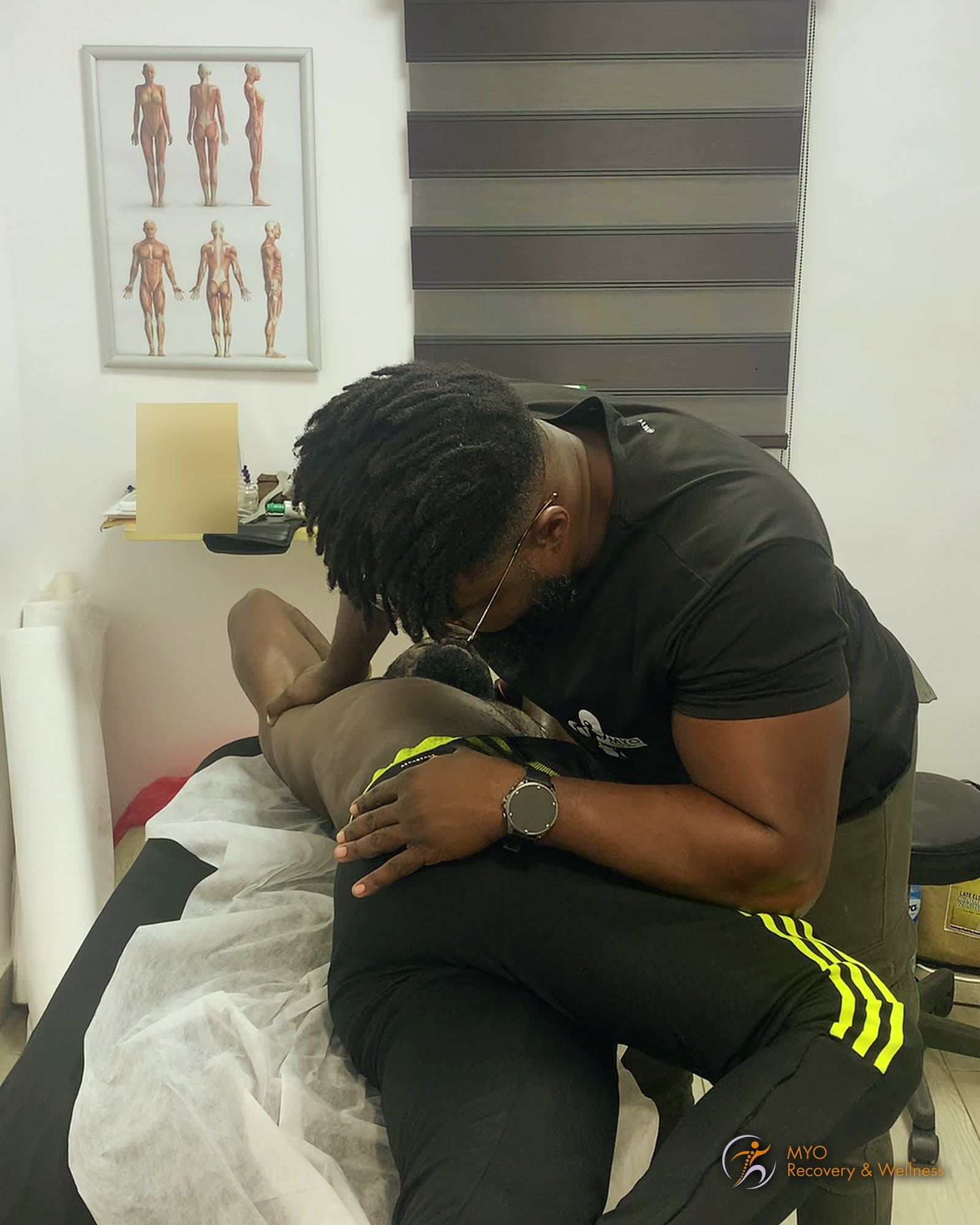 A MYO therapist mobilising a client's shoulder in the treatment room, an anatomy chart on the wall behind